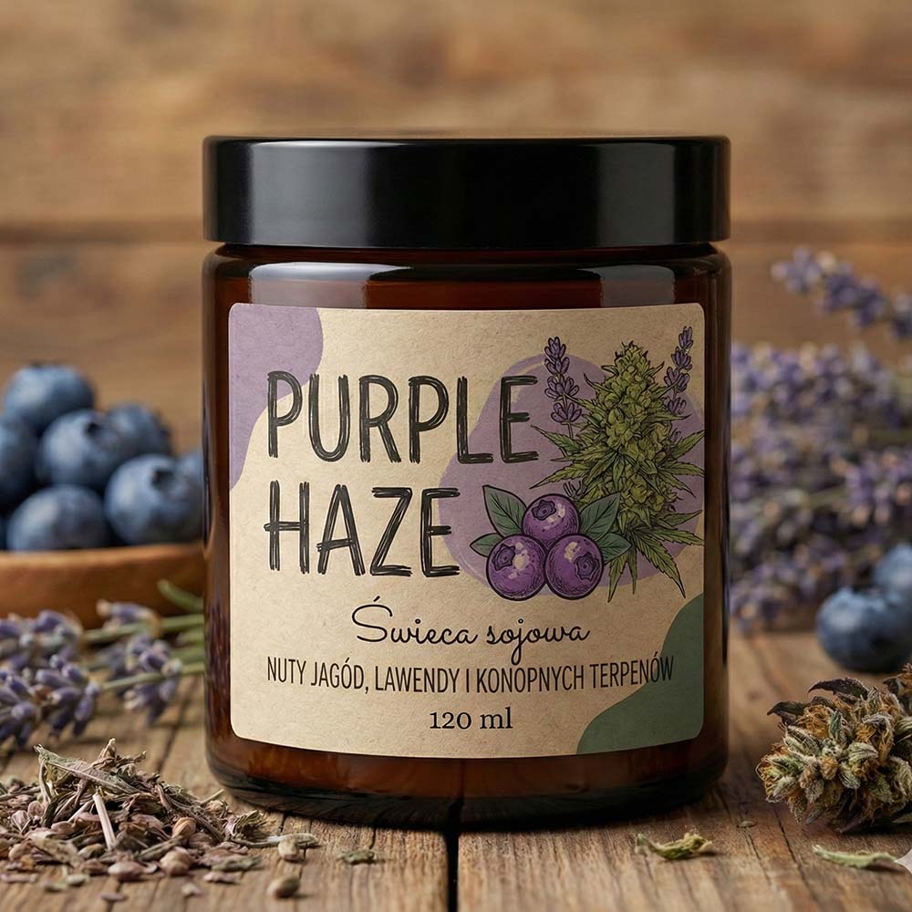ŚWIECA SOJOWA PURPLE HAZE KONOPNA NATURALNA JAGODOWA